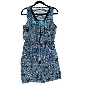 ALYX Sleeveless Lined Navy Print Knee Length Blouson Dress Size 12 back straps‎